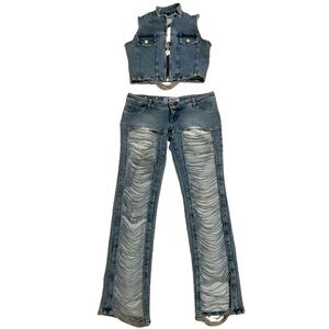SEXXY BRAZIL JEANS Denim Distressed Y2K Two Piece Outfit - 38 / US 4
